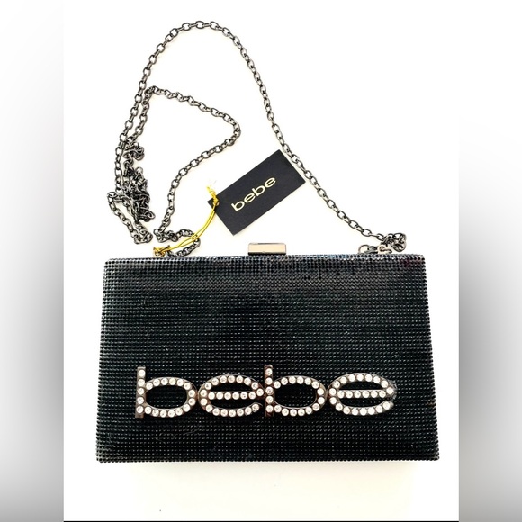 bebe Handbags - Bebe Black Rhinestone Clutch with Chain